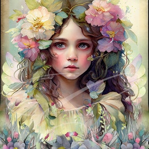 Láminas infantiles, decoración de sala de juegos, descarga digital, arte mural, imprimible, letrero de corona, láminas infantiles Acuarela de estilo vintage Hada de las flores