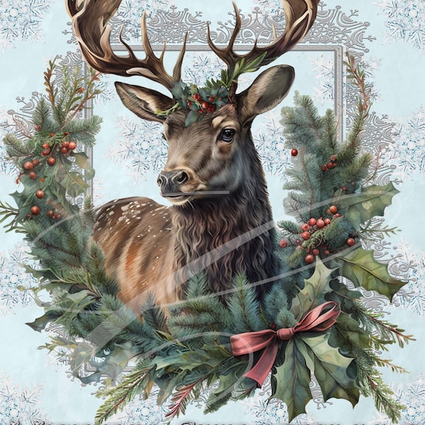 Primitive Vintage Victorian Traditional Christmas Logo Label Digital jpeg Jars, Tiered trays, signs, prints, Pillows, Deer Old World Stag