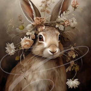 May include: A brown rabbit wearing a crown of white and pink flowers. The rabbit has long ears and a soft, fluffy coat. The background is a soft, muted brown.