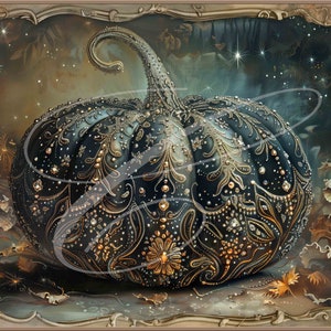 May include: A large, dark blue pumpkin with gold and silver embellishments. The pumpkin is decorated with intricate designs and sparkling jewels. The background is a dark blue with stars.