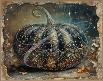 May include: A large, dark blue pumpkin with gold and silver embellishments. The pumpkin is decorated with intricate designs and sparkling jewels. The background is a dark blue with stars.