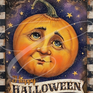 Primitive Vintage Folk Art  Label jpeg Digital Jars, Tiered trays, wreath signs, prints, Pillows, Halloween Full Pumpkin Moon Fall Check