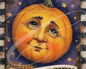 Primitive Vintage Folk Art  Label jpeg Digital Jars, Tiered trays, wreath signs, prints, Pillows, Halloween Full Pumpkin Moon Fall Check