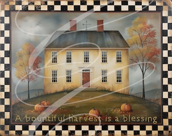 Primitive Folk Art House Print, Autumn Harvest Scene (Digital Download) 10"x8" TWO Versions!