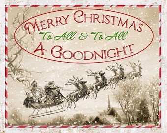 Vintage Primitive Frohe Weihnachten Weihnachtsmann Schlitten Rentier Label Jpeg Digital für Glas, Tiered Tabletts, Schilder, Tags Sepia Victorian