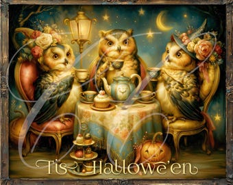 Vintage Style Halloween Owls Tea Party Print | Whimsical Spooky Scene (Digital Download) 8"x10" TWO Versions!