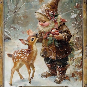 Primitive Vintage Victorian Christmas Label jpg Digital Jars, Tiered trays, signs, prints, Pillows, Cute Sweet Gnome Fawn Deer Woodland Elf