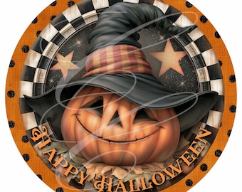 Primitive Retro Halloween Pumpkin Jack-O-Lantern PNG, Vintage Style Digital Label (12" Round) TWO Versions!