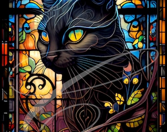 May include: A black cat with yellow eyes is depicted in a stained glass window. The cat is looking to the left, and the window is filled with colourful floral designs.