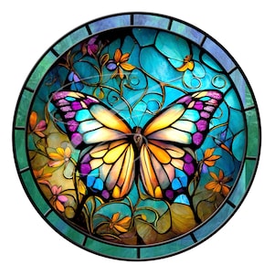 Primitive Vintage Country Label PNG Digital, Tiered trays, prints Faux Stained Glass Round 10&quot;x10&quot; Wreath signs Spring Butterfly Garden