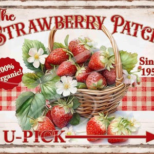 Primitive Vintage Country Label Farm Digital jpeg Jars, Tiered trays, signs, prints, Strawberry Patch Basket Old Wood Sign  U Pick Gingham