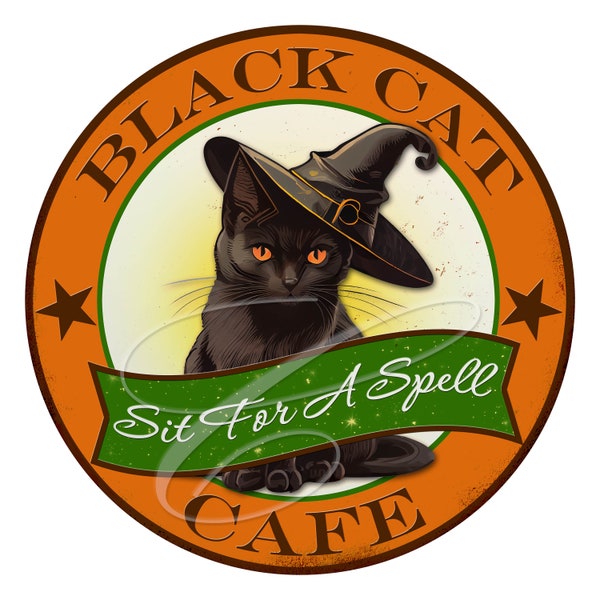 Primitive Vintage Logo Label PNG Digital Jars, Tiered trays, sign, print, Pillow, Round Whimsical Halloween Black Cat Cafe Retro Sign 11"