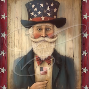 May include: A patriotic painting of a man in a top hat with a star-spangled design, a bow tie, and a small American flag. The image is framed with a red border and stars, with the text "July 4th 1776" at the bottom.