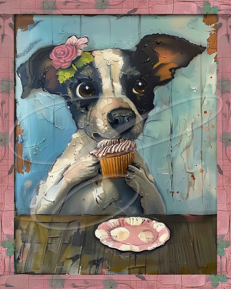 May include: A white and black dog with a pink flower on its head is holding a pink and brown cupcake. The dog is sitting at a table with a pink and white plate.