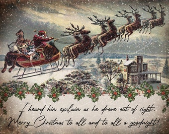Könnte beinhalten: Eine Vintage-Weihnachtskarte mit einer Illustration von Weihnachtsmann, der in einem von Rentieren gezogenen Schlitten fliegt. Der Schlitten ist voll mit Geschenken und der Weihnachtsmann winkt einem Haus in der Ferne zu. Der Text auf der Karte lautet: "Ich hörte ihn rufen, als er aus dem Blickfeld verschwand. "Frohe Weihnachten an alle und eine gute Nacht!"