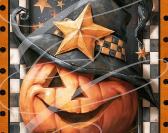Primitive Retro Halloween Pumpkin Jack-O-Lantern Whimsical JPEG, Vintage Style Digital Label 8"x10" TWO Versions!