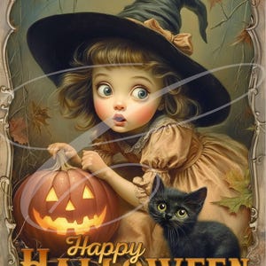 May include: A young witch with a black hat and a brown dress holds a jack-o'-lantern. A black cat sits beside her. The text "Happy HALLOWEEN" is written in gold letters at the bottom of the image.