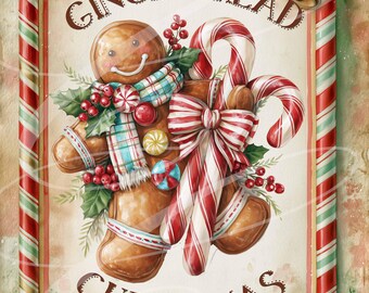 Gingerbread Man Cookie Christmas Label, Vintage Candy Cane Design (Digital Download) 8"x10" JPEG FOUR Pack!
