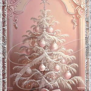 May include: A white Christmas tree decorated with pink ornaments and a pink bow at the base. The tree is in a room with a pink and white background.