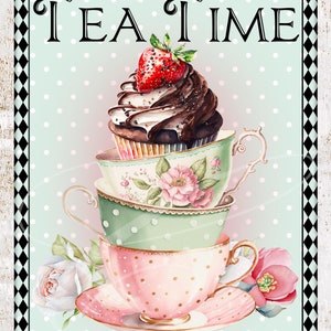 May include: A stack of teacups with a cupcake on top. The cupcake is topped with a strawberry and chocolate frosting. The teacups are decorated with floral patterns and polka dots. The background is a light blue with white polka dots. The text "TEA TIME" is written in black at the top of the image.