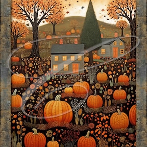May include: A painting of a fall scene with two houses, a green tree, and a field of pumpkins. The text "Nature's first green is gold" is at the top of the painting and the text "Her hardest hue to hold" is at the bottom.