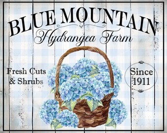 Primitive Vintage Country Label Farm Digital jpeg Jars, Tiered trays, signs, prints, Pillows hydrangea Flower Farm Basket Gingham Blue