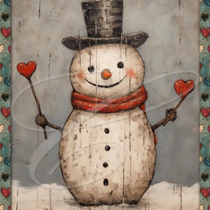 Etichetta vintage primitiva per campagna digitale jpeg, barattoli, vassoi a più livelli, insegne, stampe, cuscini, San Valentino, Naive Outsider, Arte popolare, Cuori, Pupazzo di neve