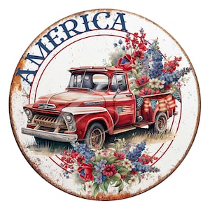 Etiqueta de país de granja vintage primitiva PNG digital Frascos, bandejas escalonadas, letreros, impresiones, almohadas Camioneta roja Bandera patriótica de Estados Unidos 4 de julio