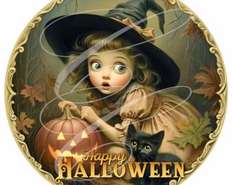 Vintage Style Halloween Round Signs FOUR Pack, Witch Girl, Ghost, Pumpkins, Scarecrow 12" Round PNG