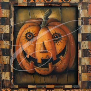 May include: A framed illustration of a carved pumpkin with a toothy grin and large eyes. The frame is black and white checkered and the text "This is Halloween" is written in orange letters at the top and bottom of the frame.