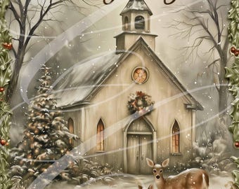 Primitive Victorian Christmas Church Scene, Deer, Holly Frame O Holy Night (Digital Download) 8"x10" TWO Versions!