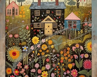 Primitive Vintage Label Digital jpeg, Tiered trays, signs, prints, Pillows Flower Naive Outsider Folk Art Grandmother's Garden 2 Versions!