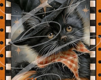 Primitive Retro Halloween Pumpkin And Black Cat Kitten Whimsical JPEG, Vintage Style Digital Label 8"x10" TWO Versions!