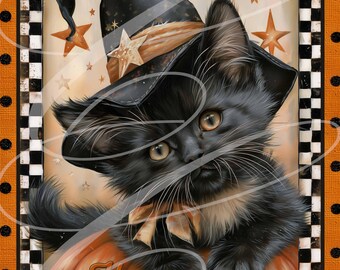Primitive Retro Halloween Pumpkin And Black Cat Kitten Whimsical JPEG, Vintage Style Digital Label 8"x10" TWO Versions!