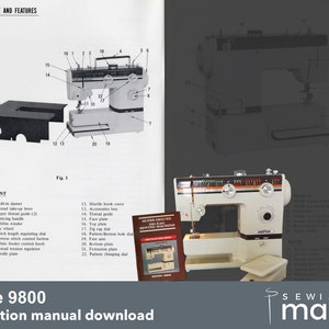 May include: A white sewing machine with a black and brown control panel. The machine has a needle plate, a foot pedal, and a bobbin winder. The machine is labeled "Morse 9800 Super Deluxe Zig Zag Sewing Machine".