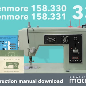 May include: A green Kenmore sewing machine model 33 with a white instruction manual. The manual has the title "Instructions Model 33 Zig-Zag Sewing Machine". The sewing machine has a white label that says "Sears Kenmore".