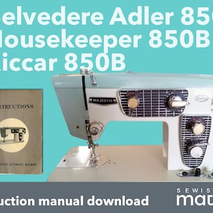 May include: A vintage light blue sewing machine with a black and silver faceplate. The machine is labeled "Majestic" and has a white instruction manual that says "Instructions Deluxe Zigzag Automatic Machine".