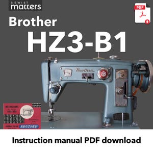 May include: A blue Brother HZ3-B1 sewing machine with a red button and a silver dial. The machine is on a grey surface with a small instruction manual for the Brother sewing machine.