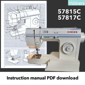 May include: A white Singer sewing machine with a blue and white label that says "SINGER". The machine has a white dial with black markings for stitch length and a white dial with black markings for reverse. The machine is sitting on a white surface. The image also includes a diagram of the sewing machine with numbered parts.