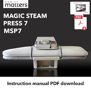 May include: A white Magic Steam Press 7 MSP7 ironing machine with a gray ironing surface and a control panel. The machine is on a black surface. Instruction manual PDF download is available.
