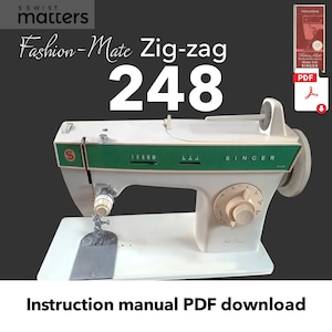 May include: A white Singer sewing machine with a green top and a white foot pedal. The machine is labeled "Singer" and "248". The image includes a PDF download for the instruction manual.