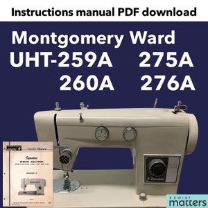 Puede incluir: Una máquina de coser blanca Montgomery Ward Signature con un manual de servicio. La máquina tiene un botón de control de longitud de puntada negro y un pedal negro. El manual se titula "Service Manual" y presenta una ilustración en blanco y negro de la máquina de coser.