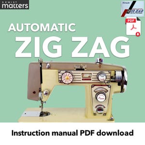 Puede incluir: Una máquina de coser vintage blanca con una parte superior marrón y detalles plateados. La máquina tiene un ajuste de puntada en zigzag y un botón pulsador. La imagen incluye el texto "AUTOMATIC ZIG ZAG" y "Descarga del manual de instrucciones PDF".