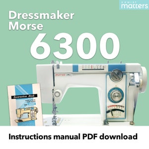 May include: A white Dressmaker Morse 6300 sewing machine with a blue and white instruction manual. The machine has a white body, a blue top, and a silver needle plate. The instruction manual is titled "Instruction Book" and has a blue and white striped cover.