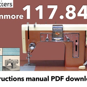 May include: A vintage Kenmore 117.841 sewing machine in brown and cream with a silver foot pedal. The machine is on a table with a manual for the Kenmore Automatic Sewing Machine.