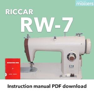 May include: A white Riccar RW-7 sewing machine with a brown plastic side panel. The machine has a red instruction book that says "Instruction Book for Sewing Machine".