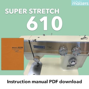 May include: A white Viking Super Stretch 610 sewing machine with a beige instruction manual. The manual has the text "MODEL 610 INSTRUCTION MANUAL Super Stretch" on the cover. The sewing machine has a white plastic body with a silver metal trim. The machine has a variety of dials and knobs, including a stitch selection dial, a tension dial, and a needle position dial. The machine also has a foot pedal and a power cord.