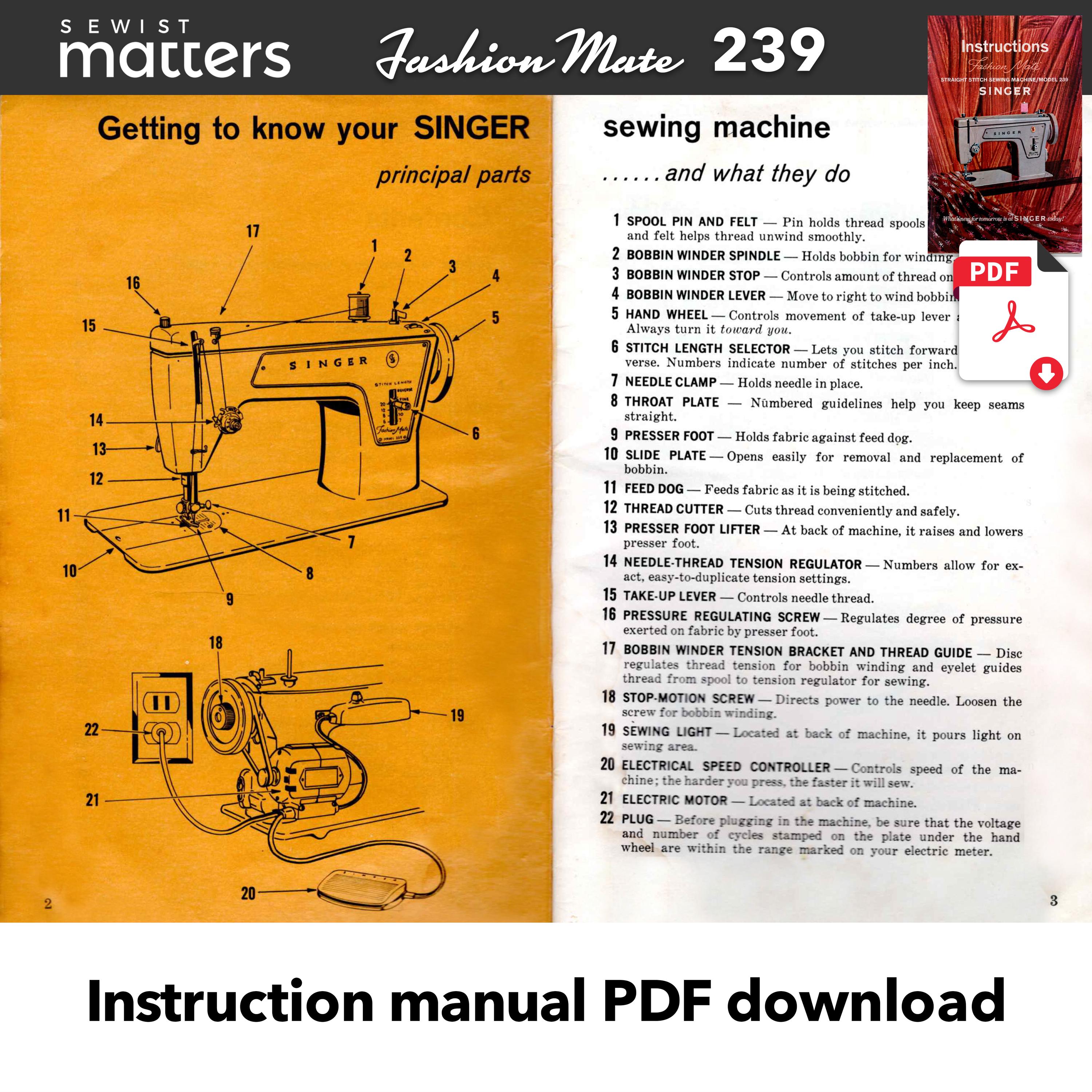 Singer 239 Fashion Mate Straight Stitch Sewing Machine Instruction