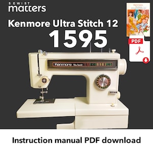 May include: White Kenmore Ultra Stitch 12 sewing machine with a black and red digital display. The machine has a white foot pedal and a white table. The image includes a PDF download link for the instruction manual.
