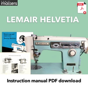 May include: A vintage blue and white sewing machine with the brand name "Lamair" on the front. The machine is on a light green surface. The image also includes a black and white instruction manual with the title "How to use and enjoy your Sewing Machine".